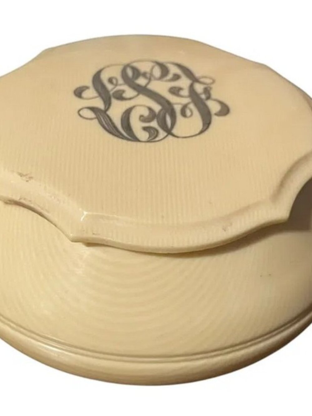 VINTAGE MD CENTURY CELLULOID POWDER BOX VANITY BOX WITH PERSONAL MONOGRAM